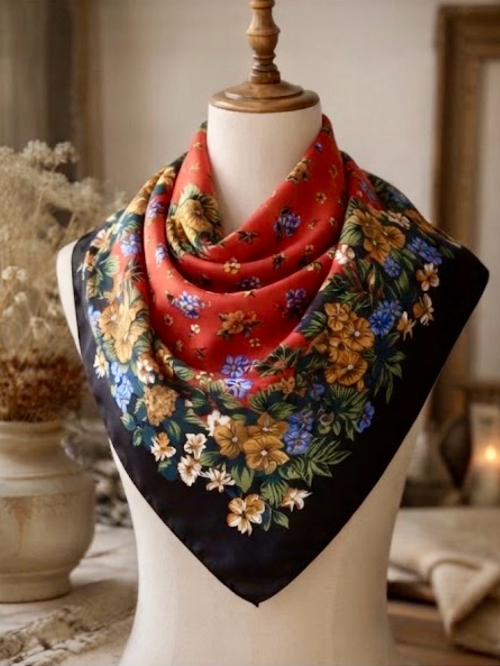 Vintage VOGUE 100% Silk Floral Square Scarf Made in Italy Hand-Rolled Hem